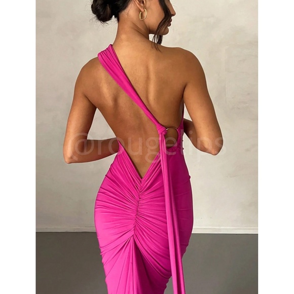 Hot Pink Maxi Long Sheath Dress Open Back, Backless - Picture 4 of 6